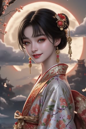 A beautiful and charming European girl, solo, looking at the audience, smiling with slightly parted lips, bangs, hair accessories, golden smart eyes, wearing a beautiful kimono adorned with jewelry, flowers, earrings, and a gorgeous headdress. She stands outdoors in Japanese clothing, with exquisite details, a Japanese kimono, bright moonlight partially covered by a dark cloud, and a tree in the background. Her long thick eyelashes and makeup enhance her charm. The depth of field blurs the background, featuring floral print, cherry blossoms, tassels, and a hair circle. Negative prompt: blurry, low detail, dull colors, no smile, no jewelry, no flowers, no headdress, no moonlight, no tree, no makeup, no depth of field, no floral print, no cherry blossoms, no tassels, no hair circle.