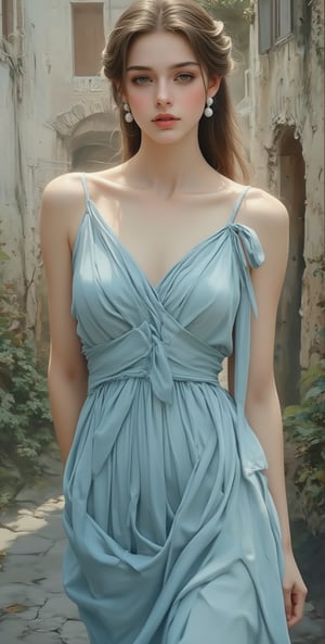 (Masterpiece, high quality, 128K resolution) Face painting of a beautiful and charming woman from a European country, front view (sweet and gentle), wearing a long flowing blue silk dress, beautiful scenery, ruined old city scene, clean lines , tonal romance in fantasy (pastel style, mixed with painting) (surrealism)