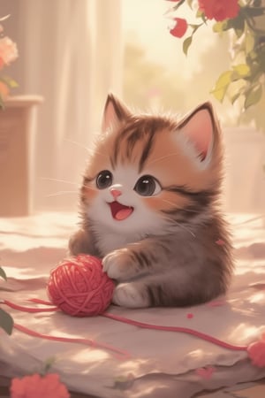 Realistic high quality, Pixar anime movie scene style bedroom, flowers blooming, a cute little fuzzy kitten playing with a yarn ball on a blanket, enjoying and radiating happiness. Flowers and lighting bokeh background, depth of field.