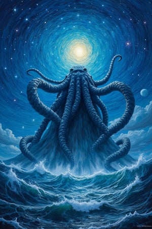 A giant Cthulhu rising from the ocean under a starry sky, rendered in impressionism with fine art influences. The scene features swirling stars and textured brush strokes reminiscent of Van Gogh's style. The monster's form is depicted with dynamic, expressive strokes, while the ocean and sky blend harmoniously with the vibrant, swirling stars above. The composition captures the eerie yet mesmerizing atmosphere of Cthulhu's emergence, with the starry sky adding a surreal, dreamlike quality to the artwork.