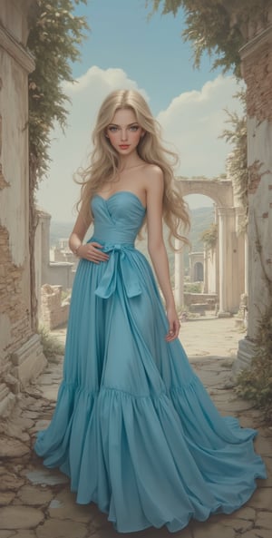 (Masterpiece, high quality, 128K resolution) Face painting of a beautiful and charming woman from a European country, front view (sweet and gentle), wearing a long flowing blue silk dress, beautiful scenery, ruined old city scene, clean lines , tonal romance in fantasy (pastel style, mixed with painting) (surrealism)