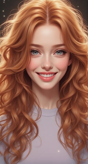 A beautiful and charming woman, she has beautiful long curly ginger hair and bright and beautiful eyes with long eyelashes. she smiles and feels happy. Anime style, various colors The combination of water, oil, pastel ink and exquisite hand-drawn sketches is like a real photo, light and shadow, this is a good photo.,Glass