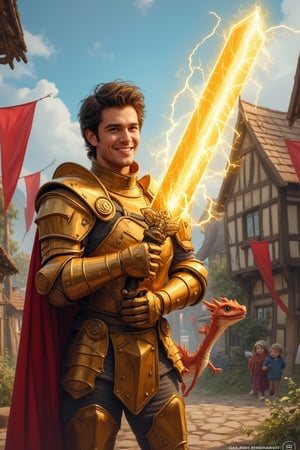 A digital cartoon art style illustration of a scruffy French knight in golden armor struggling to lift a large glowing sword that emits lightning. The knight has a confident expression, with reflective and shiny metal armor. A naughty little dragon playfully pulls the knight's cloak from behind, making the knight smile happily. The backdrop is a whimsical medieval village with crooked houses, colorful banners, and giggling villagers. The art style emphasizes humor, rounded features, and bright colors, while retaining the epic atmosphere of intricate armor and village details. The masterpiece captures the playful interaction between the knight and dragon, set against a vibrant and detailed village scene.