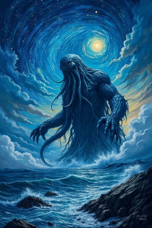 A giant Cthulhu rising from the ocean under a starry sky, rendered in impressionism with fine art influences. The scene features swirling stars and textured brush strokes reminiscent of Van Gogh's style. The monster's form is depicted with dynamic, expressive strokes, while the ocean and sky blend harmoniously with the vibrant, swirling stars above. The composition captures the eerie yet mesmerizing atmosphere of Cthulhu's emergence, with the starry sky adding a surreal, dreamlike quality to the artwork.