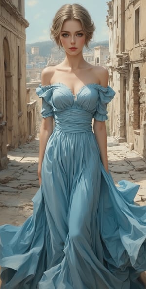 (Masterpiece, high quality, 128K resolution) Face painting of a beautiful and charming woman from a European country, front view (sweet and gentle), wearing a long flowing blue silk dress, beautiful scenery, ruined old city scene, clean lines , tonal romance in fantasy (pastel style, mixed with painting) (surrealism)