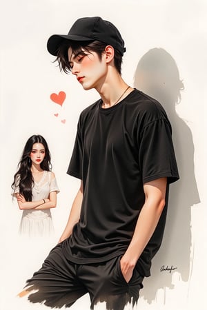 watercolour art ,illustration image a handsome man ,Korean look ,wear a black cap ,black shirt and black short pants ,relaxing ,thinking.on the left there was image a girl with black long hair, beautiful,fully makeup ,smile