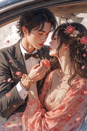 The illustration depicts a handsome, Korean-looking man inside a luxury car. He is gently kissing the hand of a beautiful girl ( no body girl show ) The scene is rendered in a watercolor style, creating a soft and dreamy atmosphere. The interior of the car appears to be luxurious and well-appointed, adding to the overall sense of elegance and sophistication.