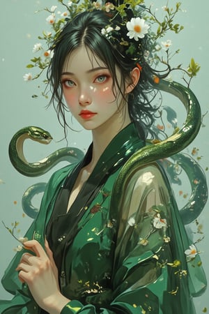 Double exposure, two image ,realistic image coiled of snake ,3D ,green hornet colour, exocytic look.another image was beautiful girl wear green Hanfu ,ancient hair style and fashion ,smoky background 