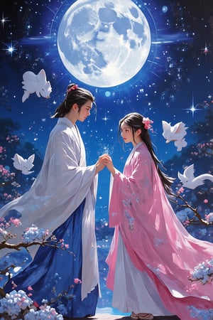 impasto art ,wallpaper style, a girl wear pink blue Hanfu ancient style,blue diamond ancient shoes,a man with Hanfu style ,hold a girl hand ,standing beside her ,stare a big moon together,Fullbody view from a down ,there was a big moon ,a white silver fox ,neon sparkle night sky