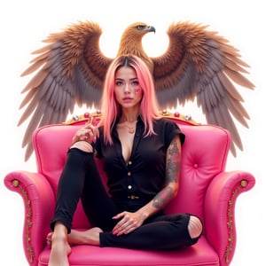 wallpaper,illustration art photo of beautifully girl with plaster hair colour,shoulder tattoos design,wall jewellery of eagle sprawling across at back, modern straight hair style,black shirt,spike design black ripped pants, sat on a crown pink Sofa , right hand touching his face, crossed leg,a smoke from her mouth with symbol of broken heart ,shimmering glitter rim lighting, background with photo of big eagle at the back,white background,soft focus, shallow depth of field highlight