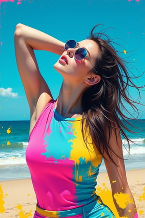 Four Panel ,A hyper-modern pop art portrait of a woman at the beach, wearing oversized reflective sunglasses, her arm raised behind her head in a casual pose. Grayscale and vibrant color blocks merge in abstract layers, featuring electric pink, cyan blue, and bright yellow. The scene captures a bold, artistic fusion of photography and paint splatters. The background includes a sunny beach and ocean horizon, with the sky a deep blue, but heavily abstracted by painterly strokes and expressive textures. The entire composition reflects a blend of realism and abstract art, evoking a sense of summer, freedom, and bold creativity high contrast, pop-art, vibrant brush strokes, modern aesthetics