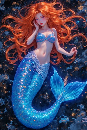 Create an image for cover book ,a mermaid as cover of blue sparkle mermaid skin, half body was covered with her hair ,orange hair colour ,pink pastel eyes colour,porceline skin on the cover being blended with neon appears as a three dimensional body relief figure. The magazine background with blue pastel is lying on a dark marble, abstract organic, colorful