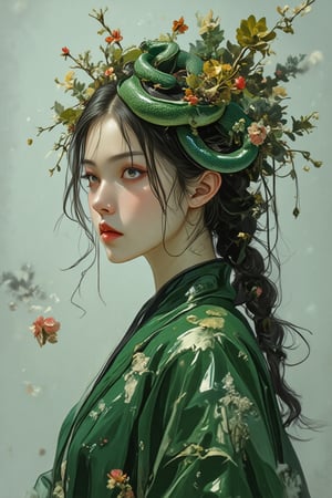 Double exposure, two image ,realistic image coiled of snake ,3D ,green hornet colour, exocytic look.another image was beautiful girl wear green Hanfu ,ancient hair style and fashion ,smoky background 