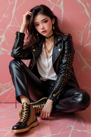  girl sat down ,fully accessories,neck small tattoo,wear black leather spike design jacket,white baby shirt,black leather long pants,high sneaker with gold colour ,hang touch her hair,model pose , background with pink marble wall,