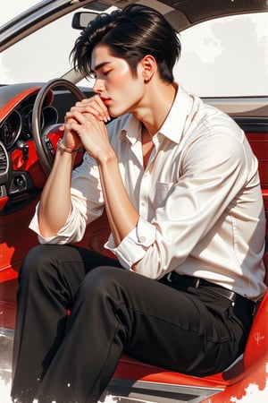 watercolour art ,illustration image a handsome man ,Korean look ,wear a neat trendy hair cut ,white shirt and black long pants ,sat on front 
inside a luxury car ,kisses hand of girl