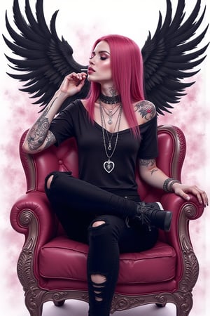 wallpaper,illustration art photo of beautifully girl with plaster hair colour,shoulder tattoos design,wall jewellery of eagle sprawling across at back, modern straight hair style,black shirt,spike design black ripped pants, sat on a crown pink Sofa , right hand touching his face, crossed leg,a smoke from her mouth with symbol of broken heart ,shimmering glitter rim lighting, background with photo of big eagle at the back,white background,soft focus, shallow depth of field highlight