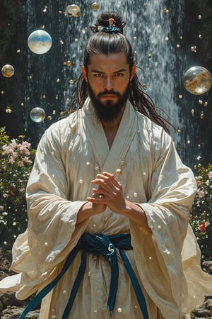 
Photorealistic acrylic ink image of muscular handsome Chinese Kung Fu man,handsome ,long ancient hairstyle ,wear Hanfu Man,dynamic pose,standing under the waterfall,face showing grit and determination,background whimsical landscape of flora.surrounded by mist of water and hold water fluid and lighting in movement,He is playing with water magic as orbs water through air,vivid colour,vibrant contrast,cinematic,creative ligting