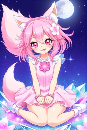 A mystical, ultra-sparkly scene featuring a pink, kawaii foxy girl with nine tails, big eyes, and a cute expression. She stands on a bed of crystals and glass, surrounded by two delicate flowers. The night sky is filled with sparkles, a glowing moon, and twinkling stars. The image is vibrant and colorful, with extreme sparkle effects. The composition is artistic, capturing the foxy girl in a dynamic pose, with the moon and stars framing her. The 8k resolution ensures every detail is perfect, from the shimmering fur to the glittering night sky.