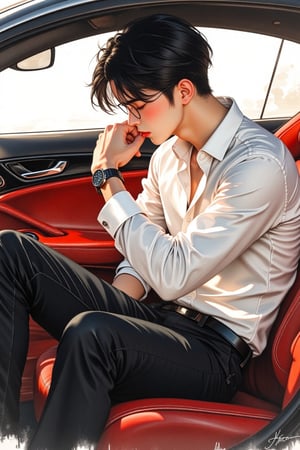 watercolour art ,illustration image a handsome man ,Korean look ,wear a neat trendy hair cut ,white shirt and black long pants ,sat on front 
inside a luxury car ,kisses hand of girl