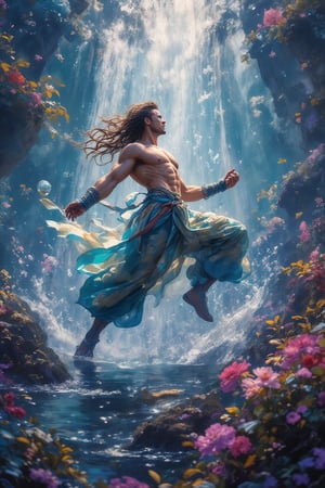 
Photorealistic acrylic ink image of muscular handsome Chinese Kung Fu man,handsome ,long ancient hairstyle ,dynamic pose,standing under the waterfall,face showing grit and determination,background whimsical landscape of flora.surrounded by mist of water and hold water fluid and lighting in movement,He is playing with water magic as orbs water through air,vivid colour,vibrant contrast,cinematic,creative ligting