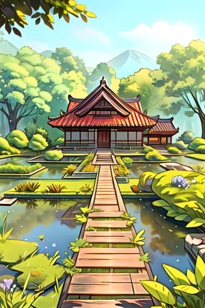 A serene, wide-angle shot of a traditional Chinese house with a tiled roof and wooden beams, surrounded by lush greenery and a tranquil pond. The house is bathed in soft, warm sunlight, casting gentle shadows on the wooden walkways. The composition frames the house prominently, with the pond and trees providing a peaceful, natural backdrop. The scene captures the harmony between the architectural beauty and the serene environment.