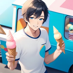 1 man, solo, standing near ice cream van, holding ice cream, lovely smile, looking at viewer, Black Hair