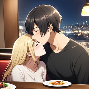 couple, hetero, 1boy, 1girl, kissing, Romantic Restaurant, boy with black hair, girl with blonde hair