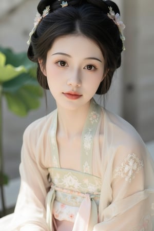 A serene portrait of a girl posing elegantly in a fusion of traditional Chinese hanfu and contemporary flair. She dons a flowing, pastel-hued ensemble crafted from delicate silk and lace, with intricate details paying homage to ancient Chinese heritage. Soft focus captures the gentle curves of her face as she gazes directly at the camera, surrounded by subtle, dreamy lighting that highlights the ethereal quality of her attire.