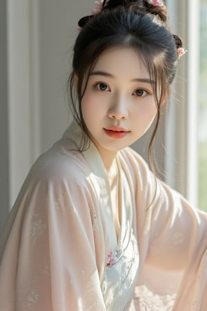 A serene portrait of a girl posing elegantly in a fusion of traditional Chinese hanfu and contemporary flair. She dons a flowing, pastel-hued ensemble crafted from delicate silk and lace, with intricate details paying homage to ancient Chinese heritage. Soft focus captures the gentle curves of her face as she gazes directly at the camera, surrounded by subtle, dreamy lighting that highlights the ethereal quality of her attire.