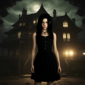 Eveline Resident Evil 7. 14 years old. curly long black hair. black short dress. taller. foward position. looks 13yo. Zombies. Pale skin. wide shot. smirk. smile. dirty skin.
