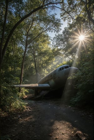 A battered airliner lies tangled amidst overgrown bushes in a desolate, once-thriving town's heart. Tall, leafy trees stretch towards the sky, their branches like skeletal fingers. The sun casts dappled shadows across the dusty ground, while a sharp lens flare distorts the light. A single ray of sunlight pierces the gloom, illuminating the twisted metal's dark contours.