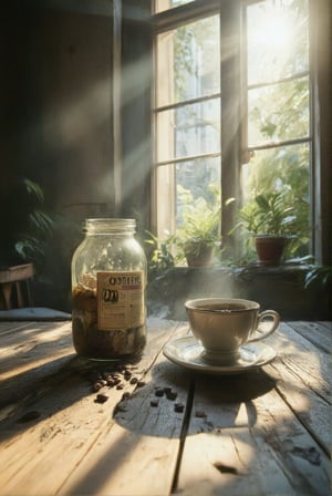 Soft morning light illuminates the rustic wooden table, where a vintage coffee jar stands alongside a delicate ceramic coffee cup and a scattering of aromatic coffee beans. The jar's worn label and the cup's subtle glaze reflect the warm glow, while the beans' dark contours create a sense of depth.