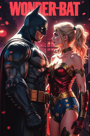 Image of Harley Quinn is dressed as (Wonder Woman). Cosplay photo. She is standing shocked infront of the Batman Batman. with text on top saying "WONDER-BAT", romantic, full body image, halloween themed, 1980's, (detailed text), (detailed face and eyes:1.2), hyper details, masterpiece, best quality, best image, 16K UHD.