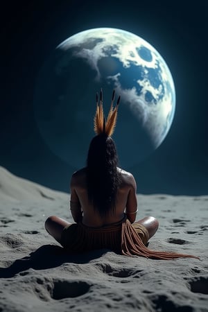 A majestic Taino Indian sits contemplatively on the lunar surface, his back turned towards the viewer as the curved Earth rises before him. The moon's grey terrain stretches out behind him, a vast expanse of craters and shadows. His eyes gaze longingly at our planet, bathed in vibrant 8K detail with swirling clouds and wispy blue oceans.