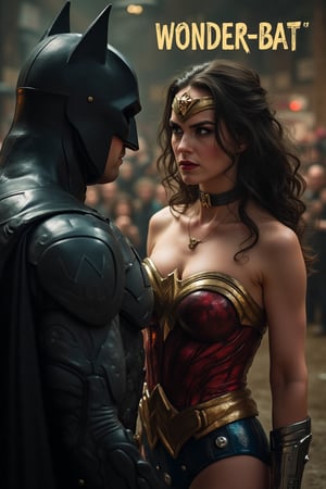 Image of Harley Quinn is dressed as (Wonder Woman). Cosplay photo. She is standing shocked infront of the Batman. with text on top saying "WONDER-BAT", romantic, full body image, halloween themed, 1980's, (detailed text), (detailed face and eyes:1.2), hyper details, masterpiece, best quality, best image, 16K UHD.