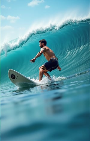  (((ultra photo REALISTIC))), sharp focus, extreme detail description, professional, vivid colors, bold color palette, photorealism, a man is surfing on a white surfboard with a black emblem on the front. He is wearing a short-sleeved shirt and black shorts. His hair is short and dark. His arms are spread out to his sides, and his legs are bent at the knees. The surfboard is positioned in front of a large wave, which is cresting the right side of the image. The wave is a deep blue, with a white foam at the top of the wave. The sky is a light blue, dotted with white clouds. In stunning 16K UHD resolution, this masterpiece showcases unparalleled quality, accuracy, and attention to detail, extremely high quality RAW photograph, detailed background, intricate, Exquisite details and textures, highly detailed, ultra detailed photograph, warm lighting, sharp focus, high resolution, Hyperrealism, masterpiece, accurate, super detail, best quality, award winning, highres, 16k 8k uhd, dslr, high quality,