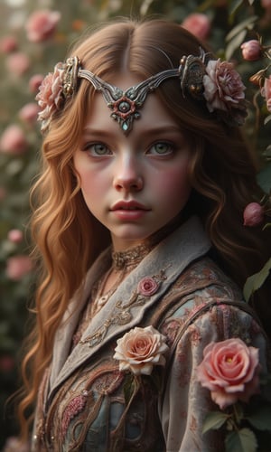 Stunning photorealistic portrait of a breathtakingly beautiful girl with porcelain doll-like complexion and luscious locks gazing directly into the camera's lens from a tight, close-up shot against a lush backdrop of ancient flowers in full bloom within a serene garden, as if transported straight from a mythical realm. Soft focus highlights her delicate features amidst the whimsical floral arrangement.