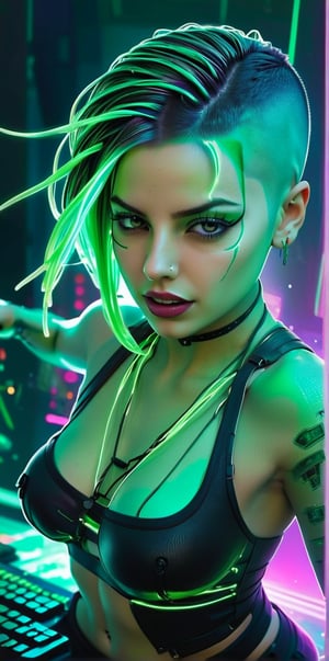 hacker with a shaved head and vibrant green streaks dyed into her remaining hair. Her fingers fly across a holographic keyboard, cracking the secure mainframe of a virtual world. A defiant smirk dances on her lips, her expression a mix of mischief and exhilaration.
