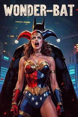 Image of Harley Quinn is dressed as (Wonder Woman). Cosplay photo. She is standing shocked infront of the Batman Batman. with text on top saying "WONDER-BAT", romantic, full body image, halloween themed, 1980's, (detailed text), (detailed face and eyes:1.2), hyper details, masterpiece, best quality, best image, 16K UHD.