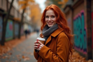 Vibrant Autumnal Vixen: A stunning 30 year old Russian beauty, wrapped in a cozy coat and holding a steaming pumpkin spice latte, stands confidently amidst a kaleidoscope of autumn leaves against the gritty urban backdrop of a city street. Metallic graffiti adorns the surrounding buildings, reflecting the golden hues of the season. The woman's fiery locks and bold features pop against the muted tones of the scene, as if lit by the warm glow of nearby streetlights. Her bright smile radiates joy, inviting all to bask in the beauty of this crisp fall day in the northern hemisphere.