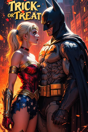 Image of Harley Quinn is dressed as (Wonder Woman). Cosplay photo. She is standing shocked infront of the Batman Batman. with text on top saying "TRICK OR TREAT", romantic, full body image, halloween themed, 1980's, (detailed text), (detailed face and eyes:1.2), hyper details, masterpiece, best quality, best image, 16K UHD.