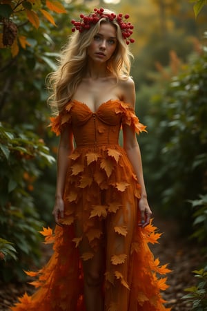 A whimsical full-body portrait of a youthful woman, surrounded by lush foliage. Berries cascade down her golden locks like nature's ornaments. Her slender figure is draped in a flowing, off-the-shoulder gown crafted from vibrant autumn leaves, their rusty hues glistening in the soft, warm light. The dress rustles as she stands amidst a tapestry of earthy tones and verdant greenery, exuding carefree elegance.