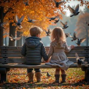 Close-up shot of a young boy and girl, hands clasped together, seated on a wooden park bench amidst a whirlwind of fluttering pigeons. The autumnal setting is characterized by the vibrant hues of falling leaves scattered on the grassy terrain, with the rustic bench's weathered wood providing a cozy backdrop. Soft, golden light filters through the overhead foliage, casting a warm glow on the tender scene.