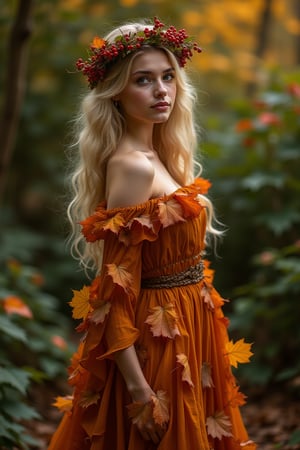 A whimsical full-body portrait of a youthful woman, surrounded by lush foliage. Berries cascade down her golden locks like nature's ornaments. Her slender figure is draped in a flowing, off-the-shoulder gown crafted from vibrant autumn leaves, their rusty hues glistening in the soft, warm light. The dress rustles as she stands amidst a tapestry of earthy tones and verdant greenery, exuding carefree elegance.