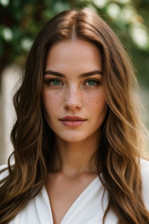 Hyper realistic RAW photo of a very beautiful white-skinned Greek goddess 25 years old, expressive strict face, long red hair, with green eyes, realistic and detailed clean face without freckles, realistic eyes, realistic skin texture, long blonde hair, cinematic style, full-length in white dress, standing straight, looking into the frame, photo for Instagram, hyper beautiful girl, ethnic vibe