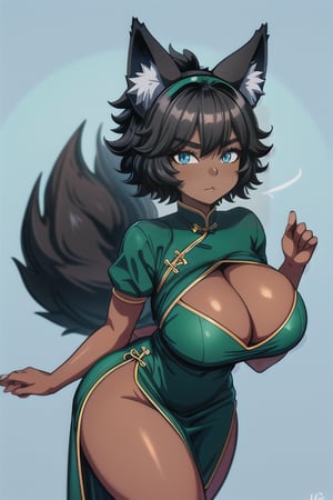 teenage woman, short black afro hair, blue eyes, wolf ears, wolf tail, caramel brown skin, curvy figure, 4k, 8k, ultra high quality, anime, Chinese maid dress, green dress