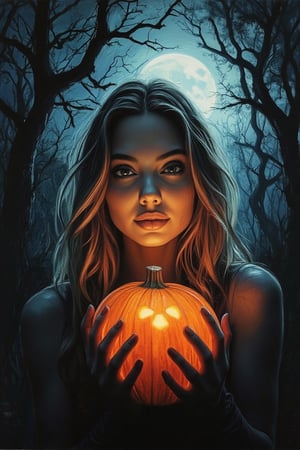 A spooky art drawing of a woman standing in a dimly lit, eerie forest. She holds a glowing pumpkin in her hands, casting an ominous light on her face. Her expression is one of mystery and intrigue, with a slight smile. The background features twisted trees and a full moon, creating a haunting atmosphere. The composition is centered, with the woman in the foreground and the forest in the background, emphasizing the spooky mood.,90saj,angelina jolie