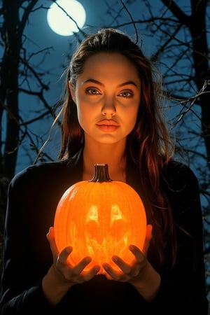 A spooky art drawing of a woman standing in a dimly lit, eerie forest. She holds a glowing pumpkin in her hands, casting an ominous light on her face. Her expression is one of mystery and intrigue, with a slight smile. The background features twisted trees and a full moon, creating a haunting atmosphere. The composition is centered, with the woman in the foreground and the forest in the background, emphasizing the spooky mood.,90saj 