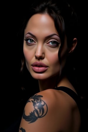 Angelina Jolie, symmetrical female portrait, beautiful makeup, full tattooed, black background, side soft light, highly detailed, melancholic, masterpiece Photography in the style of Oleg Dou, soft light hyper clean photography, (((Oleg Dou photography style)))