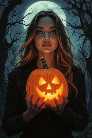 A spooky art drawing of a woman standing in a dimly lit, eerie forest. She holds a glowing pumpkin in her hands, casting an ominous light on her face. Her expression is one of mystery and intrigue, with a slight smile. The background features twisted trees and a full moon, creating a haunting atmosphere. The composition is centered, with the woman in the foreground and the forest in the background, emphasizing the spooky mood.,90saj,angelina jolie